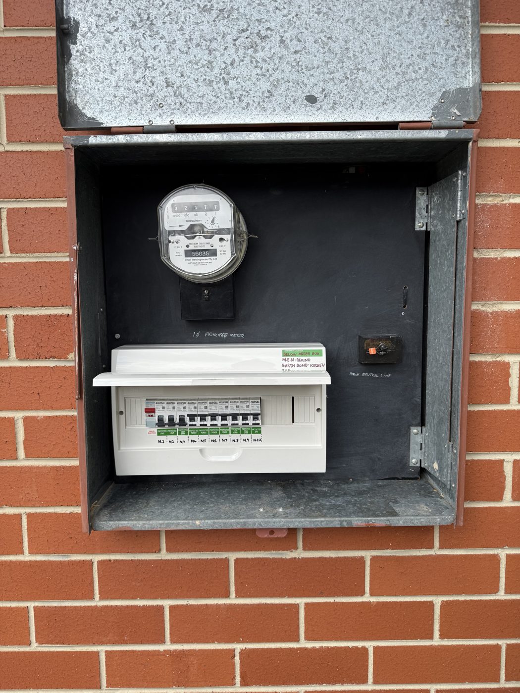 Upgraded residential switchboard with new safety switches and circuit breakers in the meter box